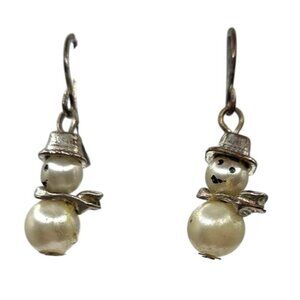 Vintage Snowman Pearl Drop Earrings Handmade Hook Dangle Jewelry Silver Tone